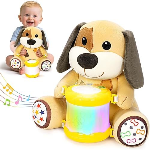 Baby Musical Stuffed Animals Toys 6-12 Months, Infant Early Learning Toy with Lights Music Drum, Tummy Time Toys for 0 3 6 9 12 18+ Months, Toddler Christmas 1st Birthday Gifts for Boys Girls (Dog)