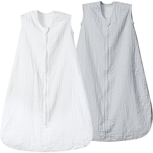 david's kids Muslin Cotton Baby Sleep Sack 6-12 Months, 2 Pack 100% Cotton Sleeping Bag for Summer, TOG 0.5 Baby Wearable Blankets with 2-Way Zipper, Soft Sleep Sacks for Newborn Infant, White & Grey