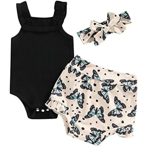 Engofs Newborn Baby Girl Summer Clothes Boho Infant Sleeveless Romper Bodysuit Shorts Headband 3Pcs Outfits