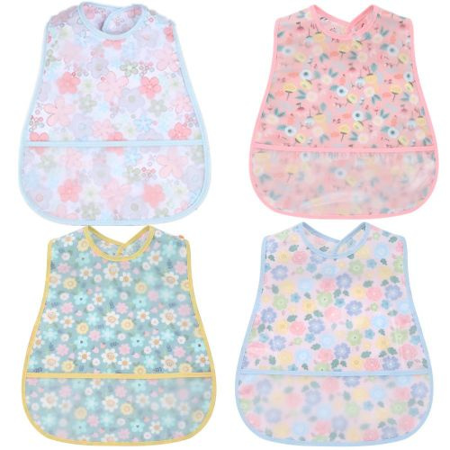 Threemushroom Waterproof Adjustable Baby Bib with Crumb Catcher Pocket, 4 Pieces