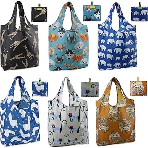 BeeGreen Reusable Grocery Bags 6 Pack Foldable Cute Shopping Holiday Bag with Handles Large Cloth Gift Groceries Tote- bag Bulk Polyester Tote Heavy Duty