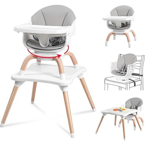 Baby High Chair, 7 in 1 Convertible High Chairs for Babies and Toddlers, Kids Learning Table, Building Block Table, Toddler Dining Chair with 360° Rotating Seat, 5-Point Safety Harness (Grey)