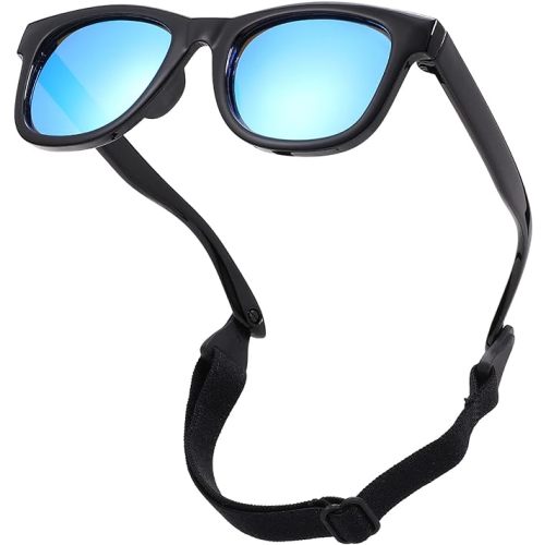 COASION Bendable Flexible Polarized Newborn Baby Sunglasses with Strap for Infant Boys Girls Age 0-12 Months CA8042 - C3* Black/Blue Mirror - 1.53 Inches