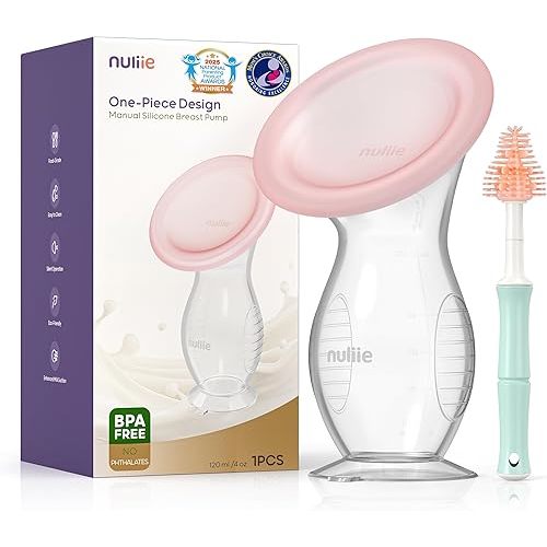Nuliie Silicone Manual Breast Pump with Leak-Proof Lid & Suction Cup, 4oz/120ml BPA-Free, Wearable Hand Pump Breastmilk, Breast Milk Collectors for Breastfeeding Essentials, Includes Cleaning Brush