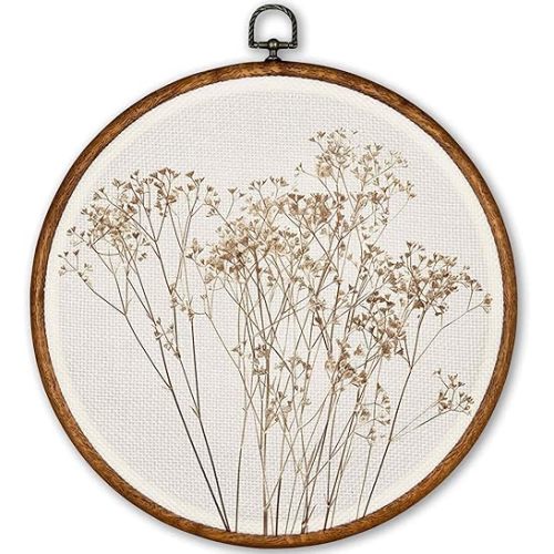 TLESKE Beige Fall Rustic Botanical Round Wall Art Decor, Autumn Boho Wildflower Floral Framed Canvas Prints Artwork, Neutral Vintage Wall Hanging Door Decor for Farmhouse Bedroom Living Room, Home Décor Products 10x10in
