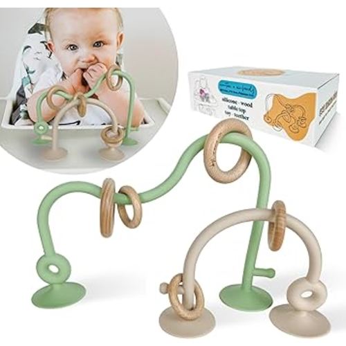 Silicone and Wood Table Top Toy and Teether, Montessori Educational Toys for Infant Toddlers, High Chair Toys with Suction Cups, Silicone Teething Toys for Babies (Olive and Beige)