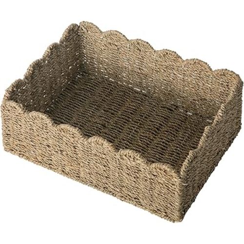 Scalloped Basket, Wicker Storage Baskets, Hand Woven Baskets for Shelves,Natural Baskets for Organizing (M-14" L x 10.5" W x 6" H-Seagrass)