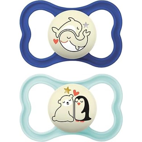 MAM Supreme Night Pacifiers (2 Pack, 1 Sterilizing Pacifier Case), Best Pacifier for Breastfed Babies 16+ Months, Glow in The Dark Pacifiers, Boy Pacifier,2 Count (Pack of 1)