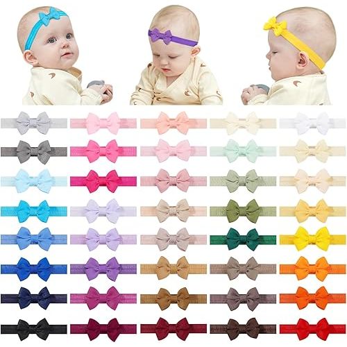 jollybows 2" 40pcs Baby Girls Bows Headbands Elastic Hairband Mini Ribbon Bow Hair Accessories for Kids Toddlers Infants Newborn