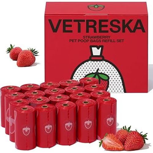 VETRESKA Strawberry Scented Dog Poop Bags, Leak Proof, Extra Thick and Large Pet Waste Bags for Dogs Walking and Cat Litter, 20 Refill Rolls, 300 Bags, Red