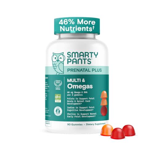 SmartyPants Prenatal Multivitamin Gummies - Improved Formula: Omega 3 (DHA/EPA), Methylfolate, Biotin, Vitamin D3, C, Vitamin B12, B6, Vitamin A, K & Zinc, Gluten Free, 90 Count (30 Day Supply)