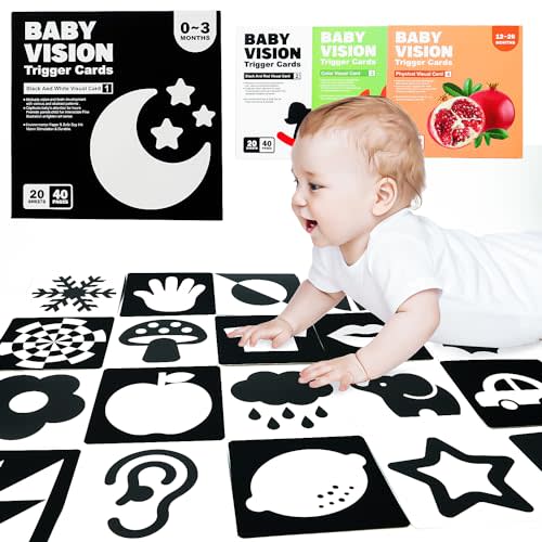 BELLOCHIDDO High Contrast Baby Flashcards, Newborn Brain Development Toys, Visual Stimulation Learning Activity Cards, 20 PCS 40 Pages 5.6'' x 5.6'' Educational Infants Gift