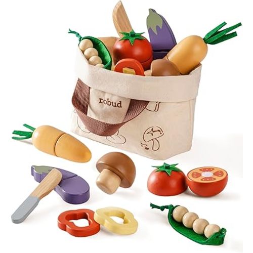 ROBUD Wooden Toy Food Set, Cutting Play Food for Kids Kitchen Accessories Pretend Toy Food Playset with Storage Bag, Toys Gifts for Girls Boys Age 3+, Vegetable Set