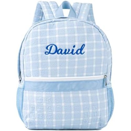 MT WORLD Toddler Daycare Backpack Personalized Seersucker Toddler Backpack With Embroidered Name Small Kids Plaid Bookbag Monogram Infant Diaper Bags for Daily Birthday Christmas Custom Gifts (Blue)