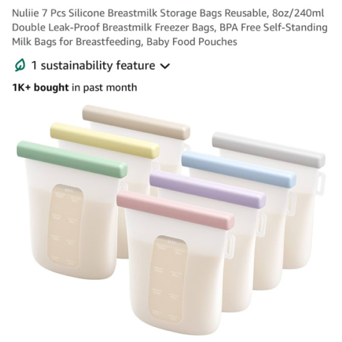 Nuliie 7 Pcs Silicone Breastmilk Storage Bags Reusable, 8oz/240ml Double Leak-Proof Breastmilk Freezer Bags, BPA Free Self-Standing Milk Bags for Breastfeeding, Baby Food Pouches