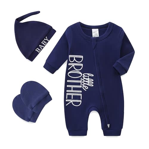 Babymine 100% Cotton 2-Way Zipper Little Brother Newborn Outfit 0-3 Months Coming Home Romper with Mittens and Hat