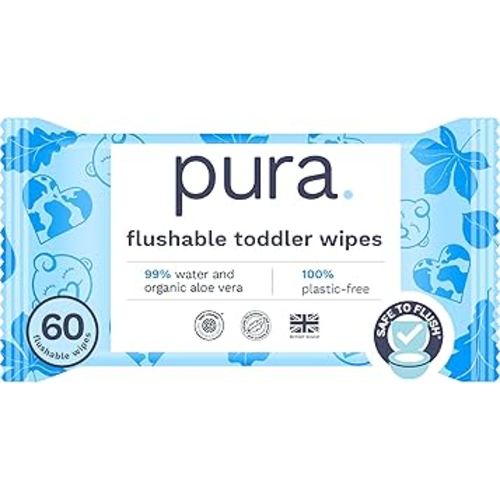 Pura Plant-Based Flushable Wipes Baby & Toddler Safe, 99% Water, Unscented, Totally Chlorine Free, Hypoallergenic, Plastic Free, Chemical Free, for Sensitive Skin | 1 Pack (60 wipes)