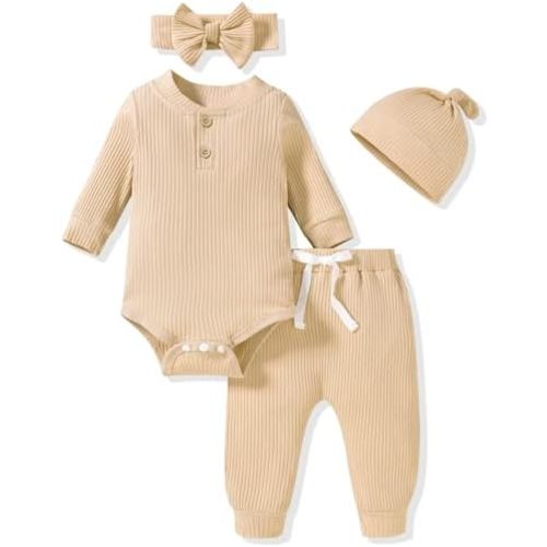 Aalizzwell Gender Neutral Long Sleeve Baby Ribbed Outfit with Hat & Headband