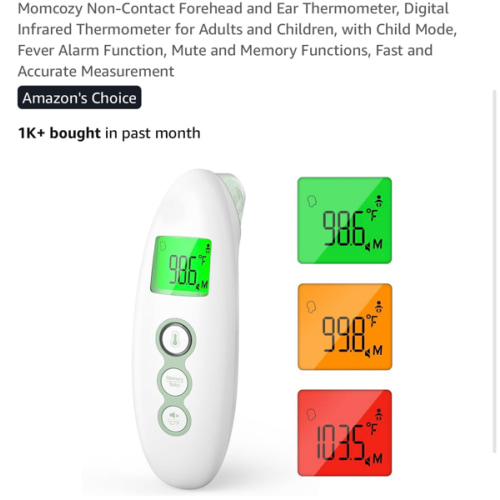 Momcozy Non-Contact Forehead and Ear Thermometer, Digital Infrared Thermometer for Adults and Children, with Child Mode, Fever Alarm Function, Mute and Memory Functions, Fast and Accurate Measurement
