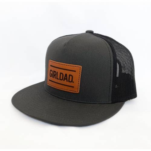 Girldad® Leather Patch Flat Bill Trucker Hat, Charcoal/Black Trucker Hat, Leather SnapBack Hat, Girl Dad, Girl Dad Gift, Dad of Girls