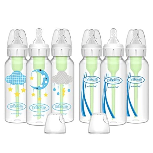 Dr. Brown’s Natural Flow® Anti-Colic Options+™ Narrow Baby Bottles 8 oz/250 mL, with Level 1 Slow Flow Nipple, 6 Pack, 0m+ Moon/Clouds Gift Set