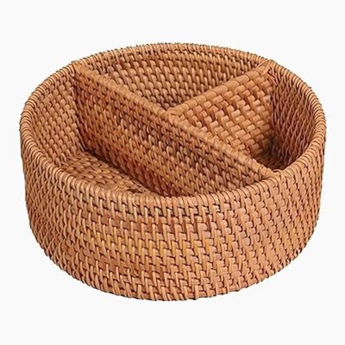 Wicker Divided Storage Basket, Rattan Woven Basket with 3 Divided Sections Basket Bin Box Desk Organizer for Tea Bag, Sugar, Fruits, Nuts, Creative Furniture Accessories.