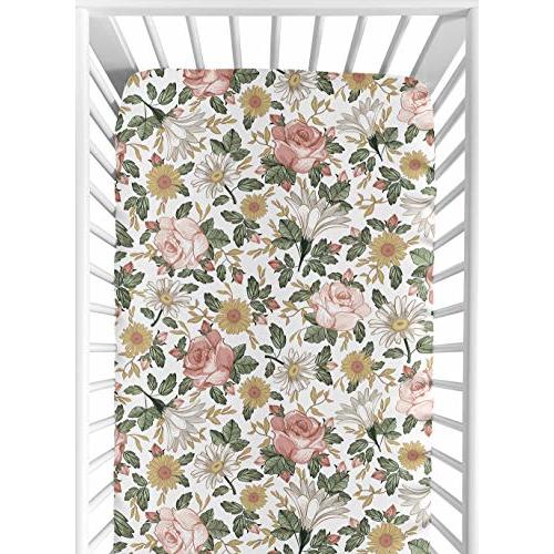 Sweet Jojo Designs Vintage Floral Boho Girl Fitted Crib Sheet Baby or Toddler Bed Nursery - Blush Pink, Yellow, Green and White Shabby Chic Rose Flower Farmhouse