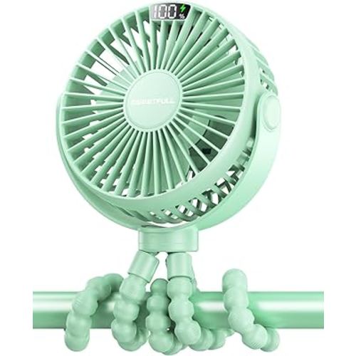 SWEETFULL Portable Stroller Fan with LED Display 4000mAh Battery Powered Mini Clip Fan, 4-Speed Rechargeable Small Personal Fan Handheld Desk Cooling Fan for Car Seat Crib Treadmill Travel-Green