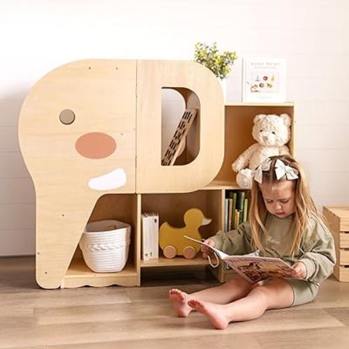 Montessori Bookshelf with Elephant Shape, 2-Shelf Toddler Bookshelf, Montessori Shelf and Toy Storage Organizer for Classroom, Kindergarten, Kids Room, Playroom and Daycare.