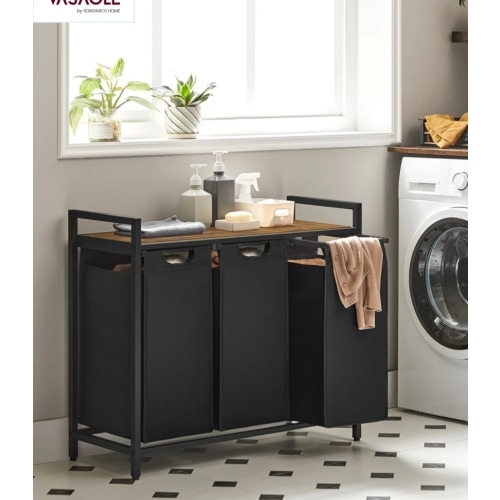 VASAGLE Laundry Hamper, Laundry Basket, Laundry Sorter With 3 Pull-Out And Removable Bags, 1 Storage Shelf, 10 Gal Capacity Per Bag, For Bathroom, Laundry Room, UBLH301
