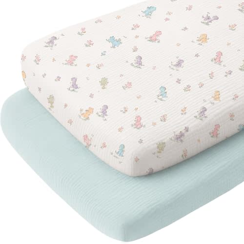 2 Pack Muslin Bassinet Sheets for Boy - 17” x 32” | Bassinet Fitted Sheets for Hourglass, Oval, and Rectangle Mattress - Soft Breathable Cotton Sheets - Lake Blue & Dinosaur