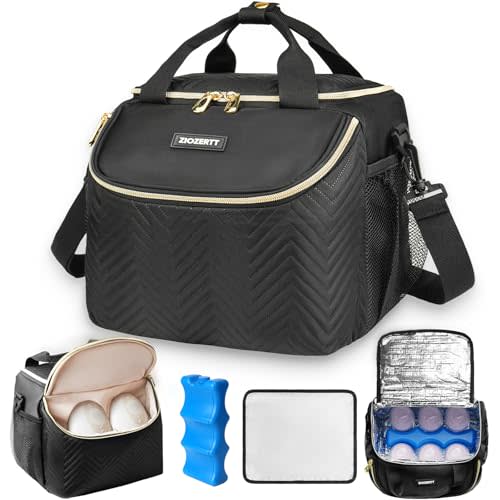 ZIOZERTT Wearable Breast Pump Bag,Breastmilk Cooler Travel Bag Compatible with Momcozy/Willow/Medela/Elvie Breast Pump with Ice Pack and Water Resistent Mat for 6 Baby Bottles Up to 9 Ounce,Black