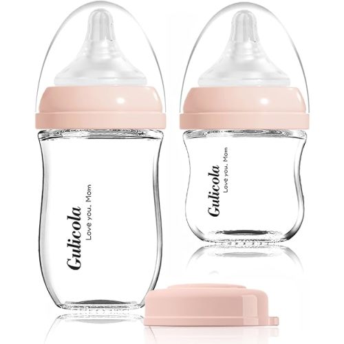 Gulicola Natural Glass Baby Bottle Newborn Set, 3 oz and 5 oz with Extra Slow Flow & Slow Flow Nipple, Anti Colic, 0-3 Months, 2 Pack - Pink