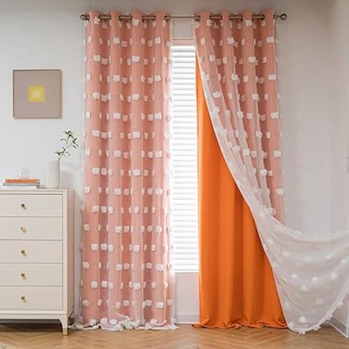 MYSKY HOME Nursery Curtains for Girl Bedroom Orange Curtains 72 Inches Long Pom Pom White Sheer Curtains for Kids Room Double Layer Toddler Bedroom Grommet Room Darkening Window Panels 52 x 72 in