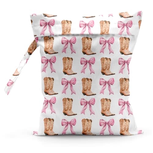 Sldpngo Waterproof Cloth Diaper Wet Dry Bag Reusable Travel Beach Pool Daycare Soiled Toddler Items Yoga Gym Bag for Swimsuits Wet Clothes Bags - Western Boots Bow Pattern