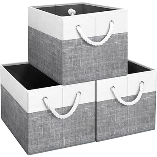 Fab totes Storage Bins [3-Pack], Foldable Storage Baskets for Organizing Toys, Books, Shelves, Closet, Large Storage Box with Rope Handles, Sturdy Organizer Bins, White & Grey