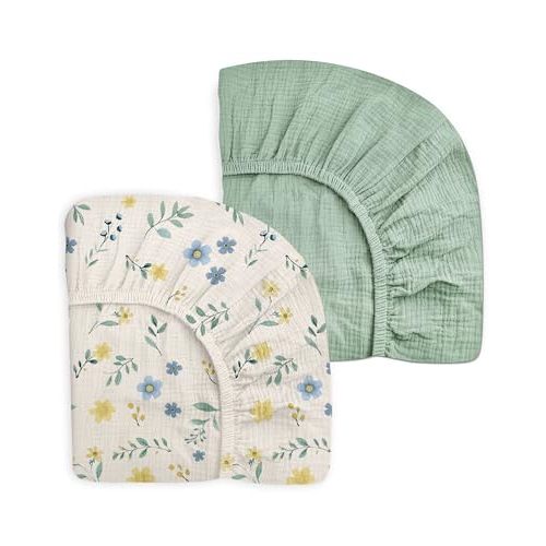 Pack and Play Sheets for Baby Boy and Girl 2 Pack, Neutral Muslin Cotton Pack N Play Mattresses Sheet 27"x39", Muslin Nursery Bedding Soft and Breathable Comfort (Spring Garden & Sage)