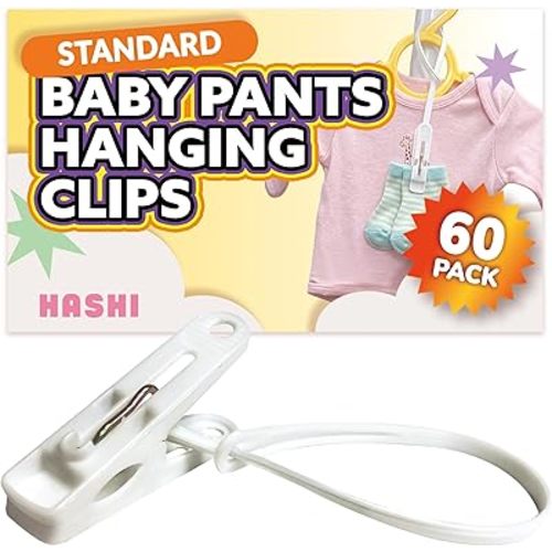 HASHI Baby Clothes & Pants Clips, Non-Slip Hanger Clips with Strong Grip, Space-Saving Organizer for Baby & Toddler Laundry, Closet, Socks, Stroller, Travel & Drying Rack (60, Standard)