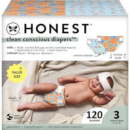 The Honest Company Clean Conscious Diapers | Plant-Based, Sustainable | Orange You Cute + Feeling Nauti | Super Club Box, Size 3 (16-28 lbs), 120 Count
