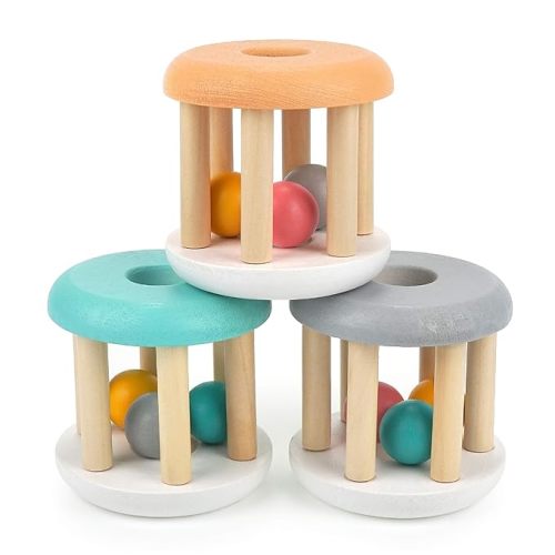 Natural Wood Rolling Rattle Toy