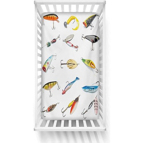 Fishing Fitted Crib Sheet,Several Fish Hook Equipment Objects Trolling Angling Netting Gathering Activity Microfiber Silky Soft Toddler Mattress Sheet Fitted,28"x 52"x 8'' for Boys Girls