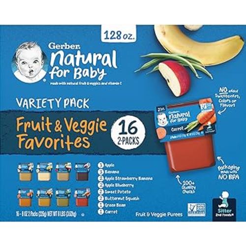 Gerber Purees 2nd Foods Veggie & Fruit Variety Pack, 8 Ounces, Box of 16 (Packaging May Vary)