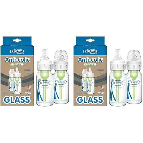 Dr. Brown's Natural Flow Anti-Colic Options+ Narrow Glass Baby Bottle 4 oz/120 mL, with Level 1 Slow Flow Nipple, 4 Pack, 0m+