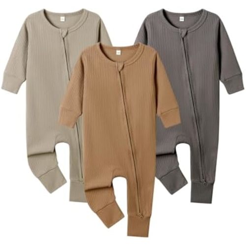 Bafeicao 3 Pack Baby Boy Girl Rompers with Mitten Cuffs, Ribbed Cotton 2 Way Zipper Romper One Piece Jumpsuits Clothes