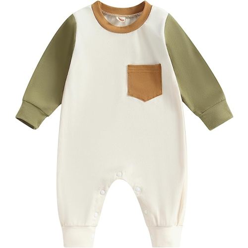 Newborn Infant Baby Boy Long Sleeve Romper Jumpsuit Patchwork Fall Winter Clothes One Piece Outfit - Long Sleeve-army Green - 0-3 Months