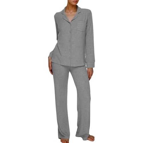 AnotherChill Women's Pajamas Set Long Sleeve Button Down Ribbed Knit 2 Piece Sleep Sets Loungewear Soft Pjs