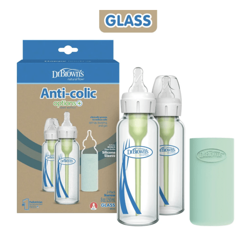 Dr. Brown's Natural Flow Anti-Colic Options+ Narrow Glass Baby Bottle with Silicone Sleeve, 2-Pack