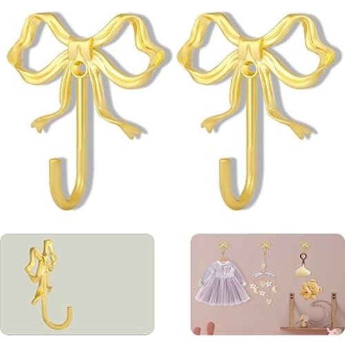 2Pcs Large Size Gold Bow Wall Hook, Gold Coat Hook, Metal Hook, Bow Room Decor Hooks for Coats, Coffee Mugs, Hats, Bags, Bath Towels and Room Decorations