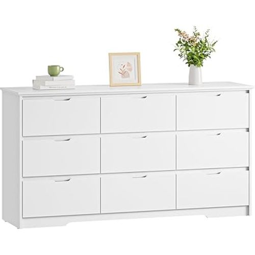 CARPETNAL 9 Drawer White Dresser for Bedroom with Deep Drawers, Large Dressers & Chest of Drawers Handle Free, Modern Long Dressers for Closet Bedroom, Living Room (59.25" W x 15.9" D x 31.9" H)