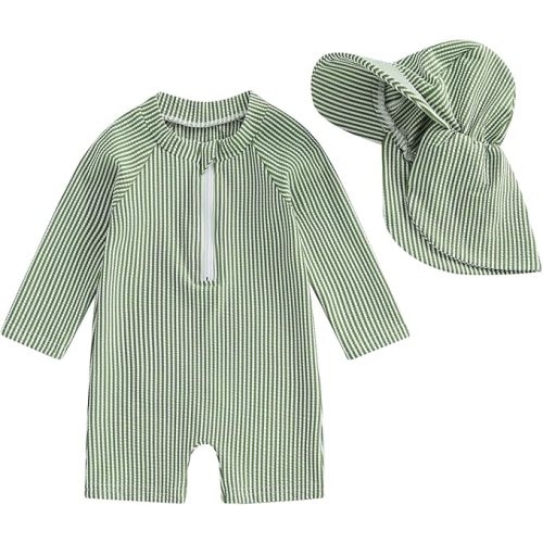 Baby Boys Girls Swimsuit One Piece Striped Zipper Bathing Suit Rash Guard Long Sleeve Seersucker Swimwear Sunsuit